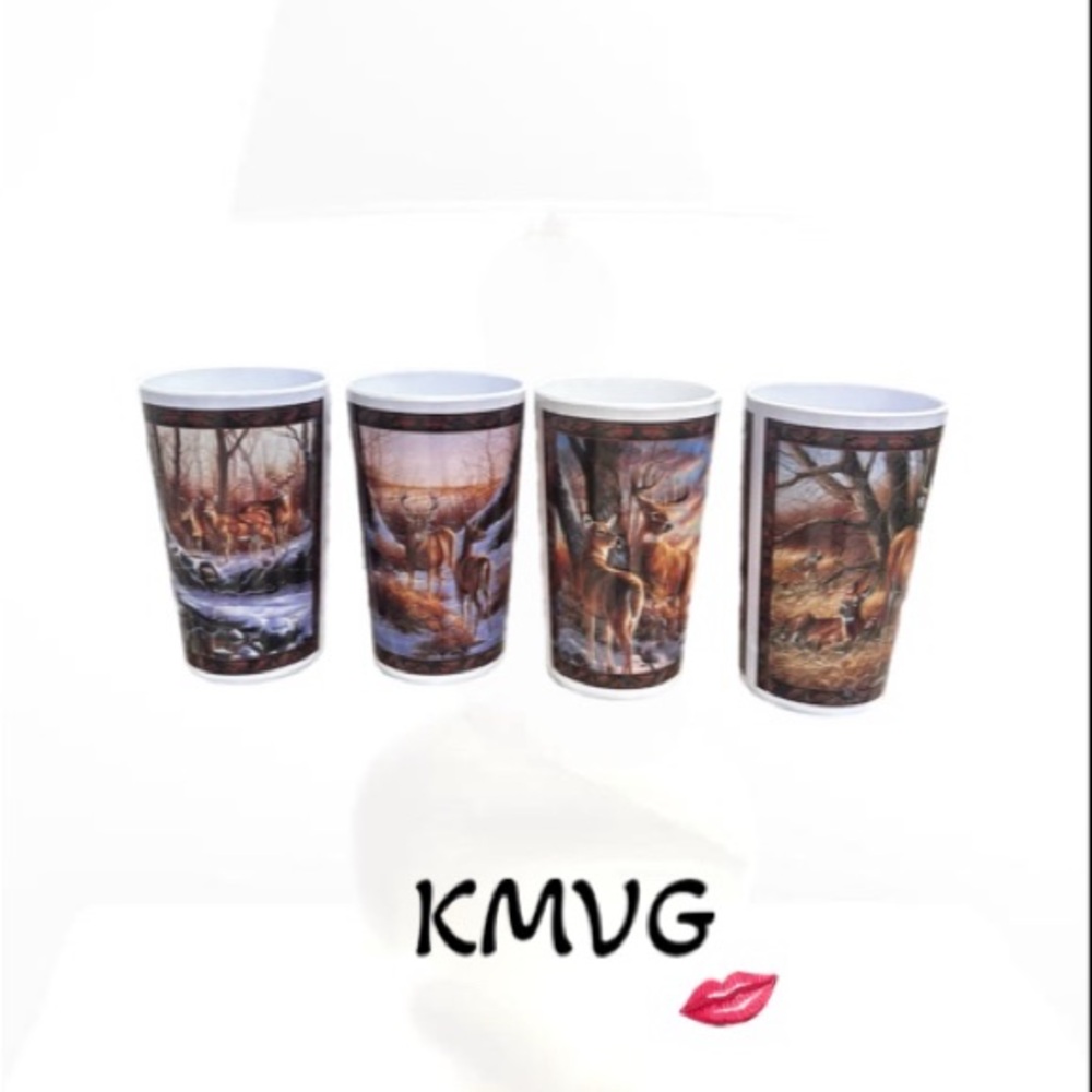 4 Plastic Cups W/ White-Tailed Deer By Wild Wings Made In The Philippines